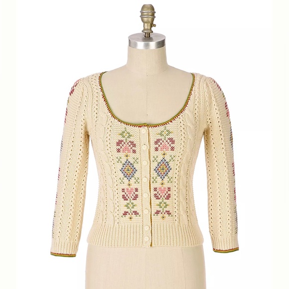 Anthropologie Sweaters - Anthropologie Guinevere Blue Ribbon Cardigan Size M Folksy Needlepoint Cableknit